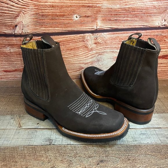 MEN LEATHER WESTERN COWBOY RODEO CHELSEA ANKLE HALF BOOTS BOTIN VAQUERO CAFE - Picture 4 of 10